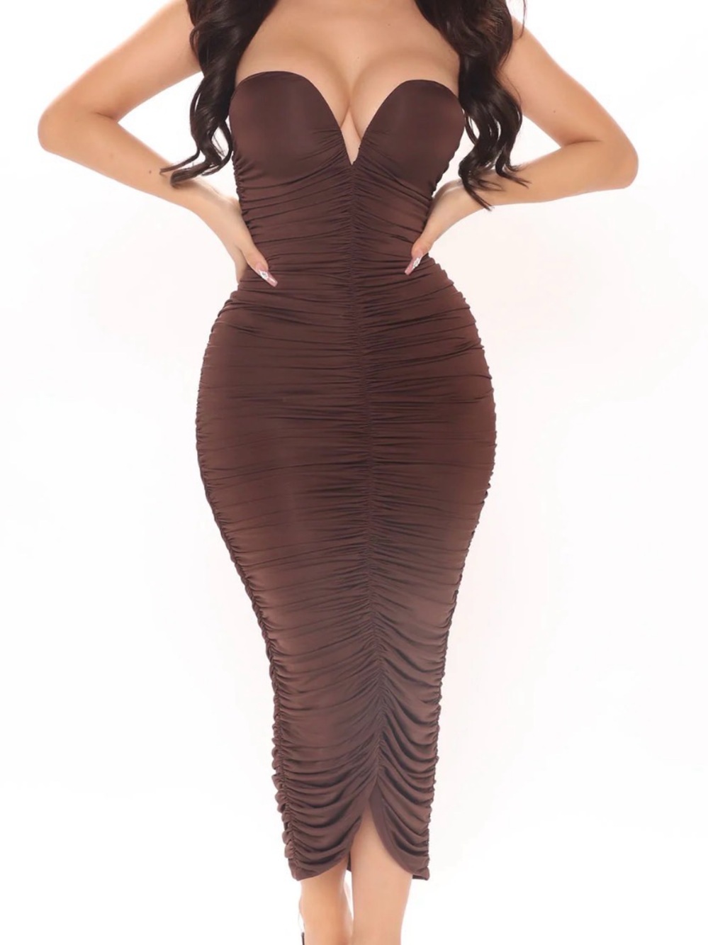 Strapless Ruched Midi Dress in Chocolate Brown